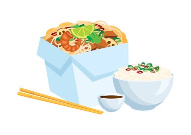 Çin yemeği, erişte ve bir kase pirinç ikonu taşıyıcısı. Beyaz arka planda izole edilmiş lezzetli Asyalı yemek tasarımı elementi. Çin Lokantası yemek çubuğu vektörlü bir kutu.