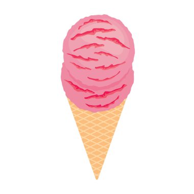 Lezzetli bir pembe çilekli dondurma külahı ikonu vektörü. Beyaz arka planda izole edilmiş iki kepçe meyveli dondurma ikonu. Pembe dondurma külahı vektörü