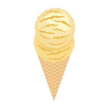 Lezzetli bir vanilyalı dondurma külahı ikonu vektörü. Beyaz arka planda iki kepçe vanilyalı dondurma ikonu. Sarı dondurma külahı vektörü