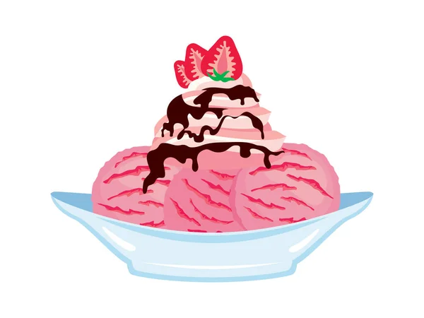 Strawberry Ice Cream Sundae Chocolate Icing Vector Pink Ice Cream — Stock Vector