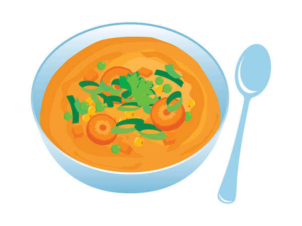 Bowl of vegetable soup with carrots icon vector. Healthy vegetable broth icon. Vegetable soup icon isolated on a white background