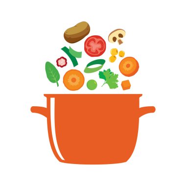 Sebzeler çömlek ikon vektörüne uçuyor. Sebze çorbası ikonu vektörü beyaz arka planda izole edilmiş. Sağlıklı sebze suyu ikonu