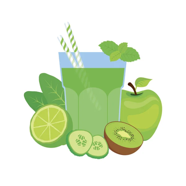 健康的新鲜维生素绿色蔬菜汁喝图标病媒 一杯绿色的冰沙图标 白色背景上孤立的绿色解毒果汁图标 — 图库矢量图片