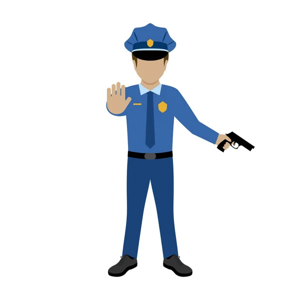 銃を持ってる警察官と停止アイコンベクトルをジェスチャー 警備員の男性アイコンは白い背景に隔離されています 青い制服のグラフィックデザイン要素の警察官 — ストックベクタ