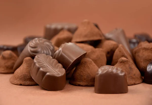 Chocolate Pralines Truffles Brown Background Stock Images Pile Chocolate Truffles — Foto de Stock
