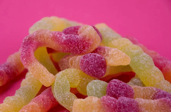 Sour Jelly Candy Worm Pink Background Stock Images Pile Sour — Stock Photo, Image
