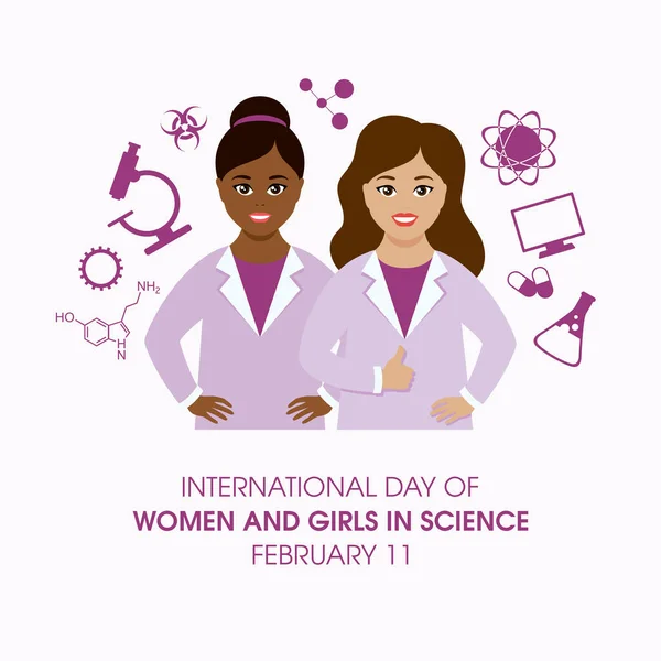 Международный День Женщин Девушек Науке Две Женщины Учёные Вектор Фиолетовый — стоковый вектор
