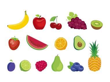 Meyve ve böğürtlen farklı türde ikon kümesi vektörü. Meyve simgesi beyaz arkaplanda izole edildi. Çeşitli tasarım ögelerini meyveler