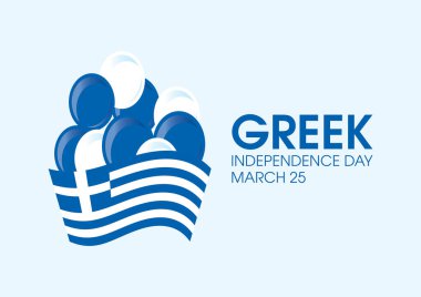Yunan Bağımsızlık Günü vektörü. Beyaz zemin üzerinde balon simgesi olan Yunanistan bayrağı. Yunanistan 'da her yıl 25 Mart' ta ulusal bayram kutlanıyor. Önemli bir gün.