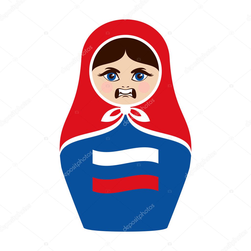 Aggressive russian matryoshka doll icon vector. Evil matryoshka with russian flag vector. Angry russian nesting doll vector. Matryoshka babushka icon isolated on a white background