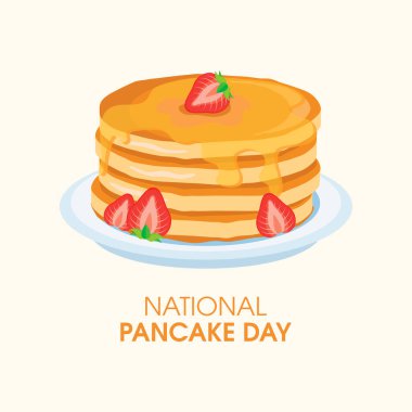 Ulusal Krep Günü vektörü. Çilekli taze krep ve şurup ikonu vektörü. Tabak ikonunda krep yığını. Önemli bir gün.