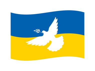 Ukrayna bayrağı ve barış simgesi taşıyıcısı. Rus Ukrayna çatışma sembolü. Beyaz arka planda izole edilmiş Ukrayna bayrağı ikonu olan barış güvercini