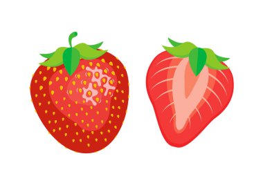 Sulu taze çilek yarısı ve ikon kümesi vektörü. Beyaz arkaplanda kırmızı çilek ikonu vektörü izole