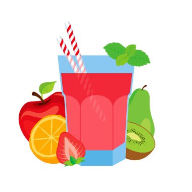 Bir bardak sağlıklı meyve suyu ikonu vektörü. Beyaz arka planda izole edilmiş kırmızı taze meyve suyu ikonu. Bir bardak meyve suyu, saman ve meyve suyu.
