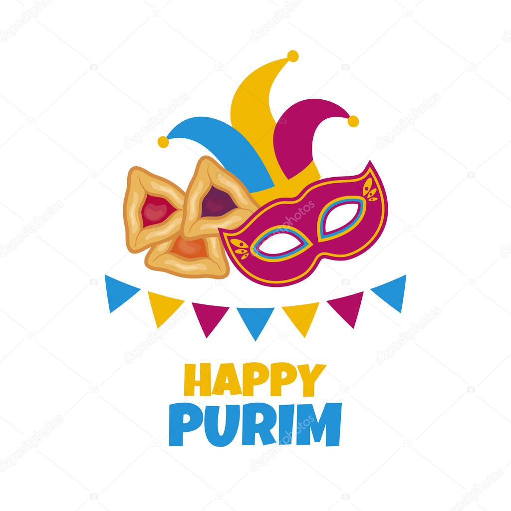 Happy Purim greeting card with carnival mask and hamantash cookies vector. Happy Jewish holiday Purim design element isolated on a white background. Important day