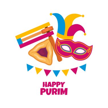 Alkollü Purim tebrik kartı, hamantash pastası ve karnaval maskeli ikon vektörü. Mutlu Yahudi bayramı Purim tasarım elementleri beyaz arka planda izole edildi. Önemli bir gün.