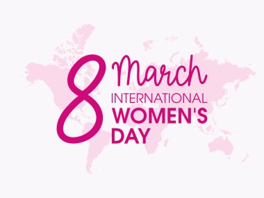 Dünya haritası vektörlü Uluslararası Kadınlar Günü 8 Mart. Dünya haritası siluet ikon vektörlü Kadınlar Günü tebrik kartı. Önemli bir gün.