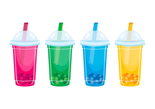 水果泡茶饮料在一个塑料杯图标集向量 色彩艳丽的饮料在一个塑料杯子里 上面有一根稻草图标向量 与白色背景隔离 泡茶饮料的系列设计元素 — 图库矢量图片