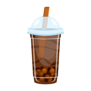 Plastik bardak ikon vektöründe buzlu buzlu çay içeceği. Plastik bardakta çikolatalı milkshake ve beyaz arka planda izole edilmiş saman ikon vektörü. Kahve boba çayı tapyoka inci tasarım elementi