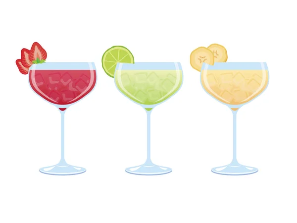 Eper Lime Banán Ital Ikon Készlet Vektor Alkoholos Daiquiri Koktélok — Stock Vector