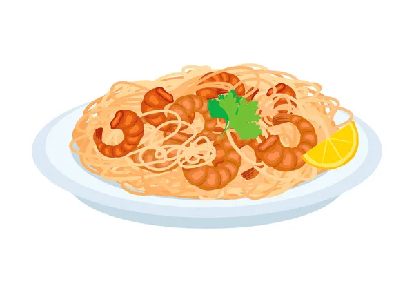 Crevettes Scampi Avec Vecteur Icône Pâtes Spaghettis Fruits Mer Icône — Image vectorielle