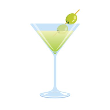 Zeytin meyvesi ikonu vektörlü martini. Martini, zeytin vektörlü bardak içer. Beyaz arka planda izole edilmiş alkolik yeşil kokteyl simgesi
