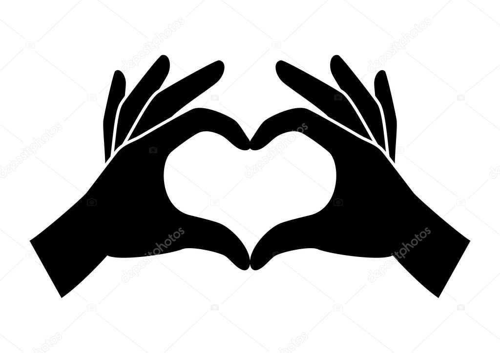 Hand heart love gesture black silhouette icon vector. Hand heart black silhouette icon vector isolated on a white background. Love hands design element. Palm of hand in heart shape
