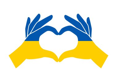 El kalbi Ukrayna bayrağı ikonu vektörü. Ukrayna sembolü ile kal. Beyaz arka planda izole edilmiş Ukrayna bayrağı ikon vektörlü el kalp aşk jesti. Ukrayna bayrağı ve aşk elleri tasarım elementi