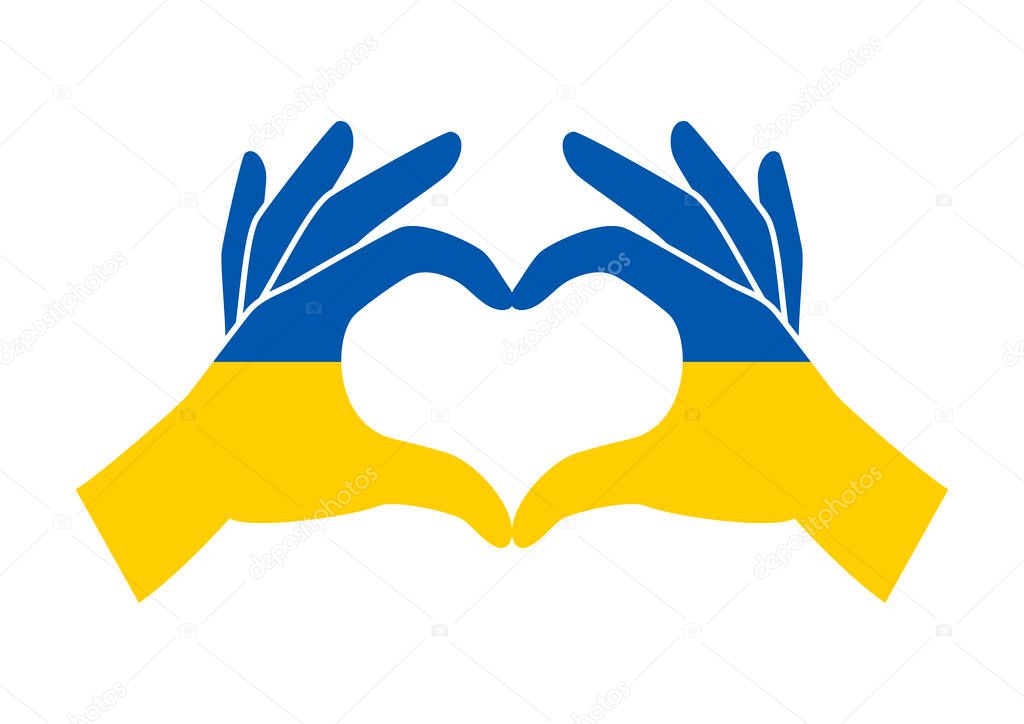 Hand heart ukraine flag icon vector. Stay with ukraine symbol. Hand heart love gesture with ukrainian flag icon vector isolated on a white background. Flag of Ukraine and love hands design element