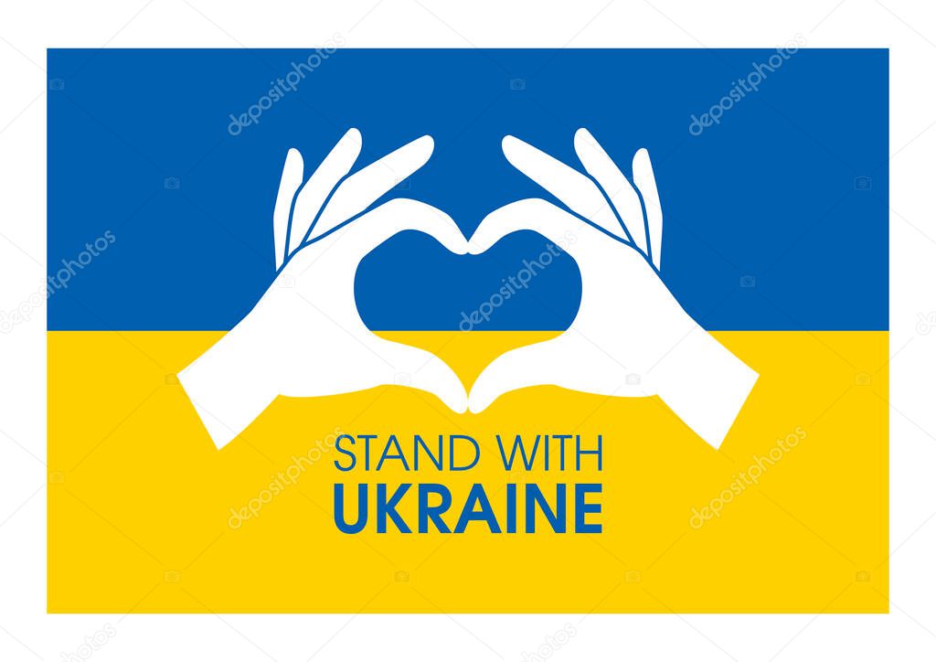 Stand with Ukraine with hand heart shape icon vector. Hand heart love gesture with ukrainian flag icon vector isolated on a white background. Flag of Ukraine and love hands design element