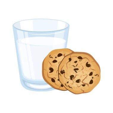 Bir bardak süt ve çikolatalı kurabiye ikonu. Kurabiyeler ve süt ikonu vektörü beyaz arka planda izole edilmiş. Tatlı kahvaltı tasarım elementi