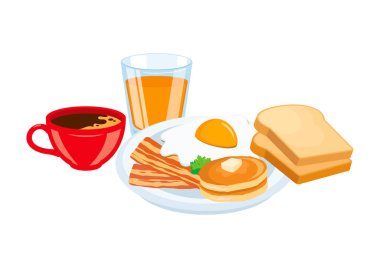 Geleneksel Amerikan kahvaltısı yaşam ikonu vektörü. Yumurtalı tam kahvaltı, pastırma, krep, tost, kahve ve portakal suyu ikonu beyaz arka planda izole edilmiş vektör.