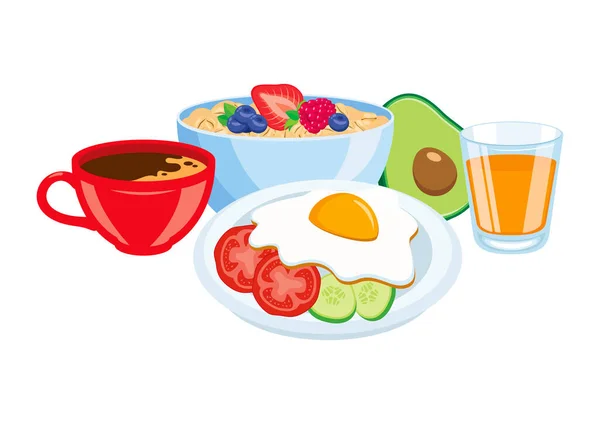 Healthy Full Breakfast Still Life Icon Vector Breakfast Oatmeal Egg — ストックベクタ