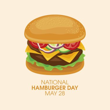 Büyük hamburger ikonu vektörlü Ulusal Hamburger Günü Posteri. Sebze ve peynir ikonu vektörlü leziz taze et hamburgeri. Hamburger Günü Posteri, 28 Mayıs. Önemli bir gün.