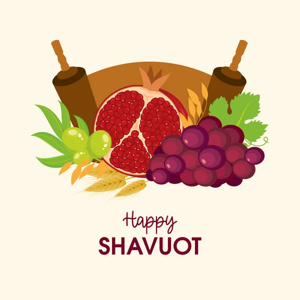 Happy Shavuot Greeting Card Fruit Grain Torah Vector Pomegranate Grapes — Stockvektor
