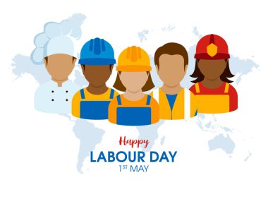 Erkek ve kadın işçi ikon vektörlü İşçi Bayramı 'nız kutlu olsun. Çeşitli meslekler ve meslekler belirlenmiş vektör. Çok kültürlü çalışma grubu avatarı. 1 Mayıs, Önemli Gün