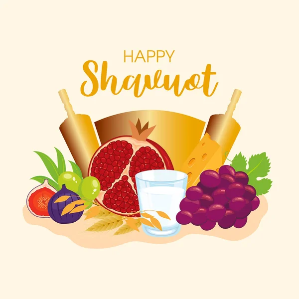 Happy Shavuot Greeting Card Fruit Grain Milk Torah Vector Pomegranate — Stockvektor
