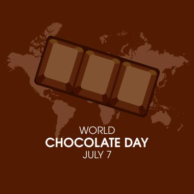 Dünya Çikolata Günü vektörü. Çikolata çubuğu ikon vektörü. Kahverengi arka planda çikolata ve dünya haritası. Çikolata Günü Posteri, 7 Temmuz. Önemli bir gün.