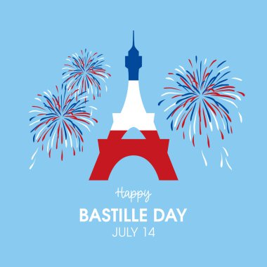 Eyfel Kulesi vektörlü Bastille Günü Posteri kutlu olsun. Mavi arka planda izole edilmiş havai fişek ikonu olan Eyfel Kulesi. Eyfel Kulesi Fransız bayrağı renginde. Bastille Günü Posteri, 14 Temmuz. Fransız ulusal bayramı. Önemli bir gün.