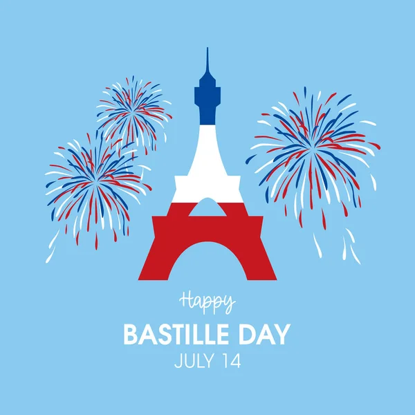 Eyfel Kulesi vektörlü Bastille Günü Posteri kutlu olsun. Mavi arka planda izole edilmiş havai fişek ikonu olan Eyfel Kulesi. Eyfel Kulesi Fransız bayrağı renginde. Bastille Günü Posteri, 14 Temmuz. Fransız ulusal bayramı. Önemli bir gün.