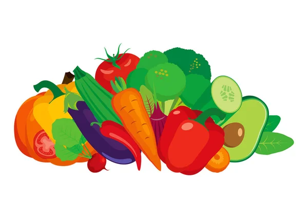 新鲜生菜堆积如山 不同类型的蔬菜图标仍然生活在白色背景下 健康生活方式设计要素 — 图库矢量图片