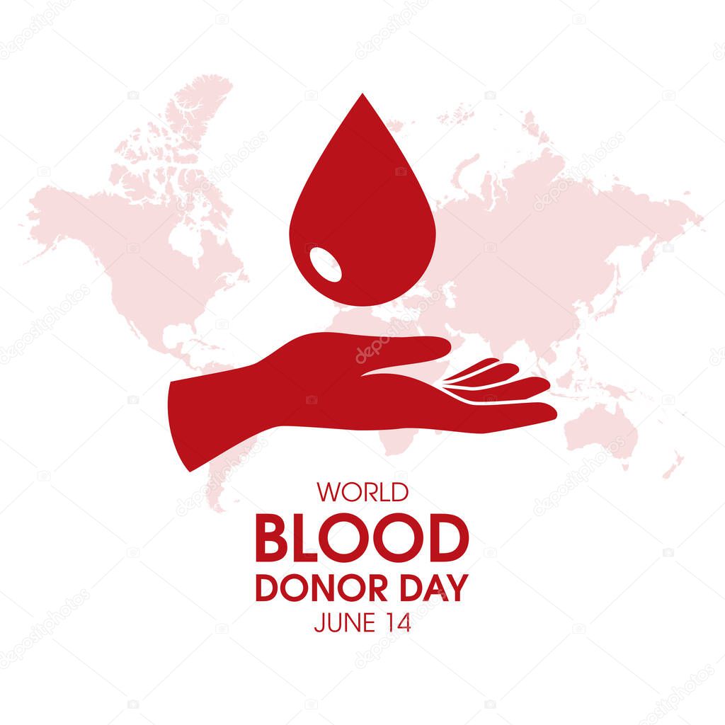 World Blood Donor Day Poster with giving hand vector. Red hand donating blood and world map silhouette icon vector isolated on a white background. June 14. Important day