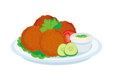 Tabak ikonu vektöründeki falafel yemeği. Yoğurt soslu ve sebze vektörlü nohut köftesi. Beyaz arka planda izole edilmiş Orta Doğu mutfak simgesi
