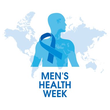 Erkek Sağlığı Haftası vektörü. Profil vektöründen bir adamın mavi kurdelesi ve silueti. Erkek Sağlığı tasarım elementi beyaz bir arkaplanda izole edildi. Sağlık farkındalığı kampanyası. Önemli bir gün.