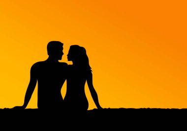 Gün batımı vektöründe birbirini seven bir çiftin silueti. Günbatımı silüet vektör illüstrasyonunda oturan kadın ve erkek. O turuncu zemin üzerinde siyah siluet ve metin için kopya alanı olan genç bir çift.