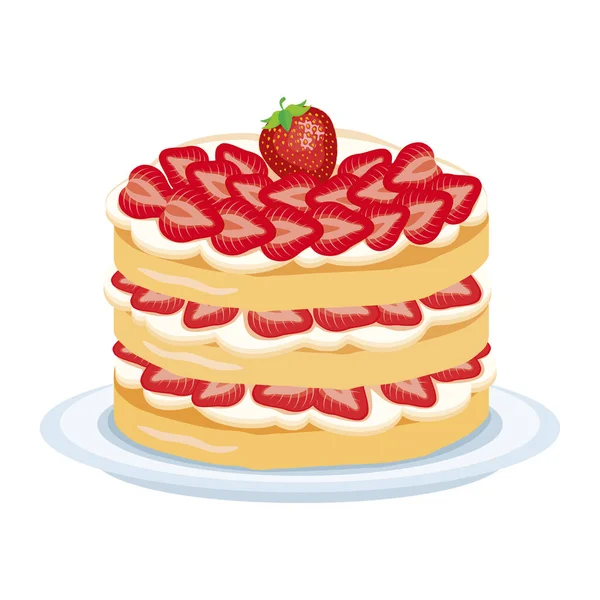 イチゴのショートケーキアイコンベクトル全体 イチゴとホイップクリームベクトルと甘いケーキは白い背景に隔離されています プレート図面上の層クリームケーキ — ストックベクタ