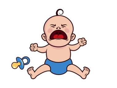 Emzik ikonu vektörüyle bağıran bebek. Kızgın çocuk çizgi film karakteri. Bağıran bebek simgesi beyaz bir arkaplanda izole edildi