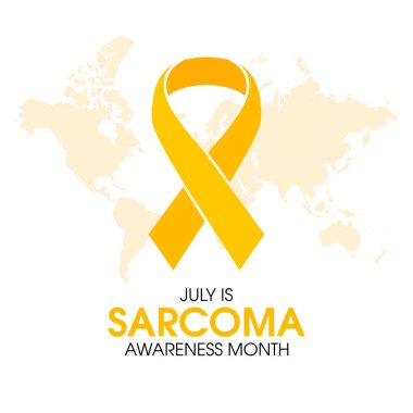 Temmuz, Sarkoma Farkındalık Ayı vektörü. Sarı renk farkındalık kurdelesi ve dünya haritası siluet ikonu vektörü beyaz arkaplanda izole edilmiş. Önemli bir gün.