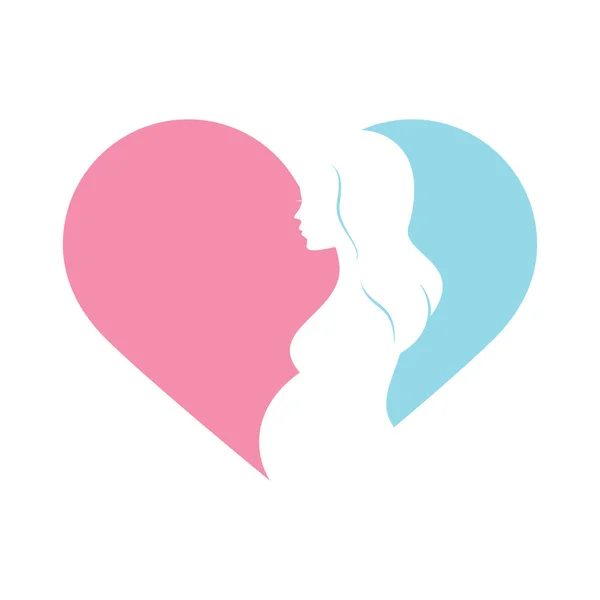 妊娠中の女性と心臓の形のシルエットアイコンベクトル ピンクと青のハート型のデザイン要素が白い背景に隔離された美しい妊婦 母の愛のシンボル — ストックベクタ