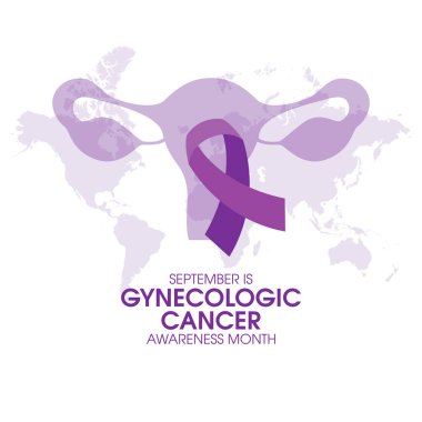 September is Gynecologic Cancer Awareness Month vector. Purple awareness ribbon, ovaries and world map silhouette icon vector. Female reproductive system symbol. Important day clipart